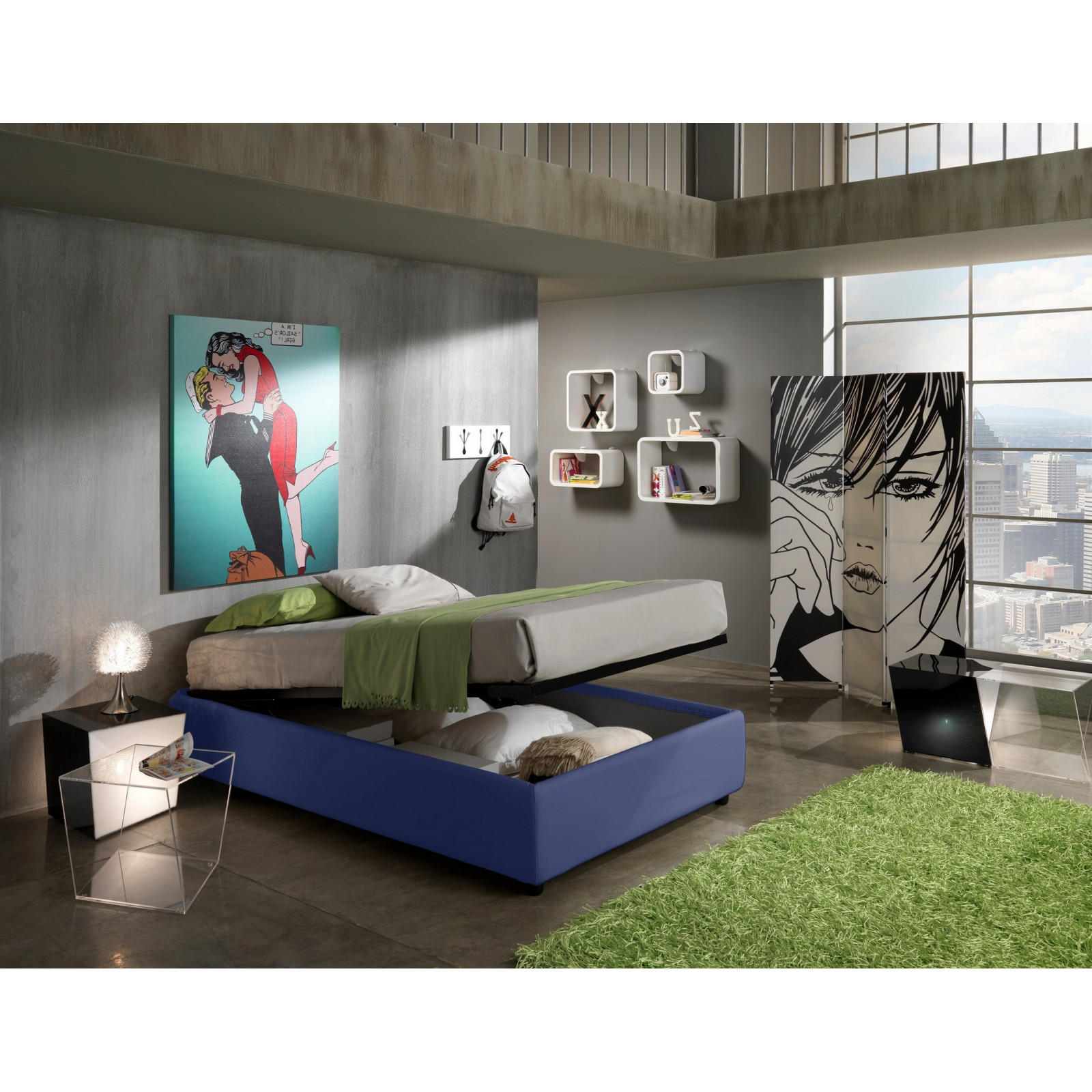 Letto Contenitore 1 Piazza e Mezzo SOMMIER ELEGANT 120 pelle sintetica Blu box contenitore rete cm. L.120 P.190