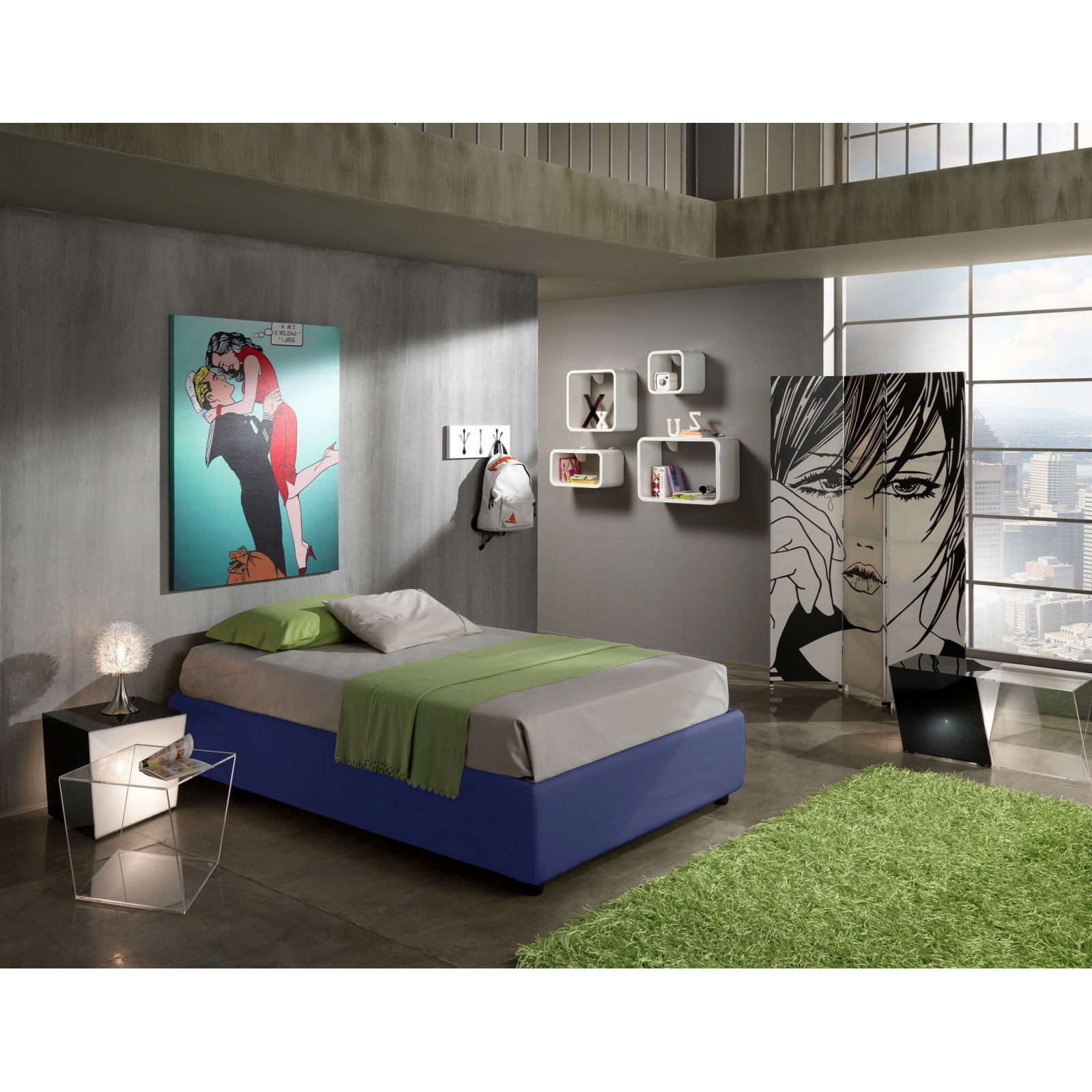 Letto Contenitore 1 Piazza e Mezzo SOMMIER ELEGANT 120 pelle sintetica Blu box contenitore rete cm. L.120 P.190