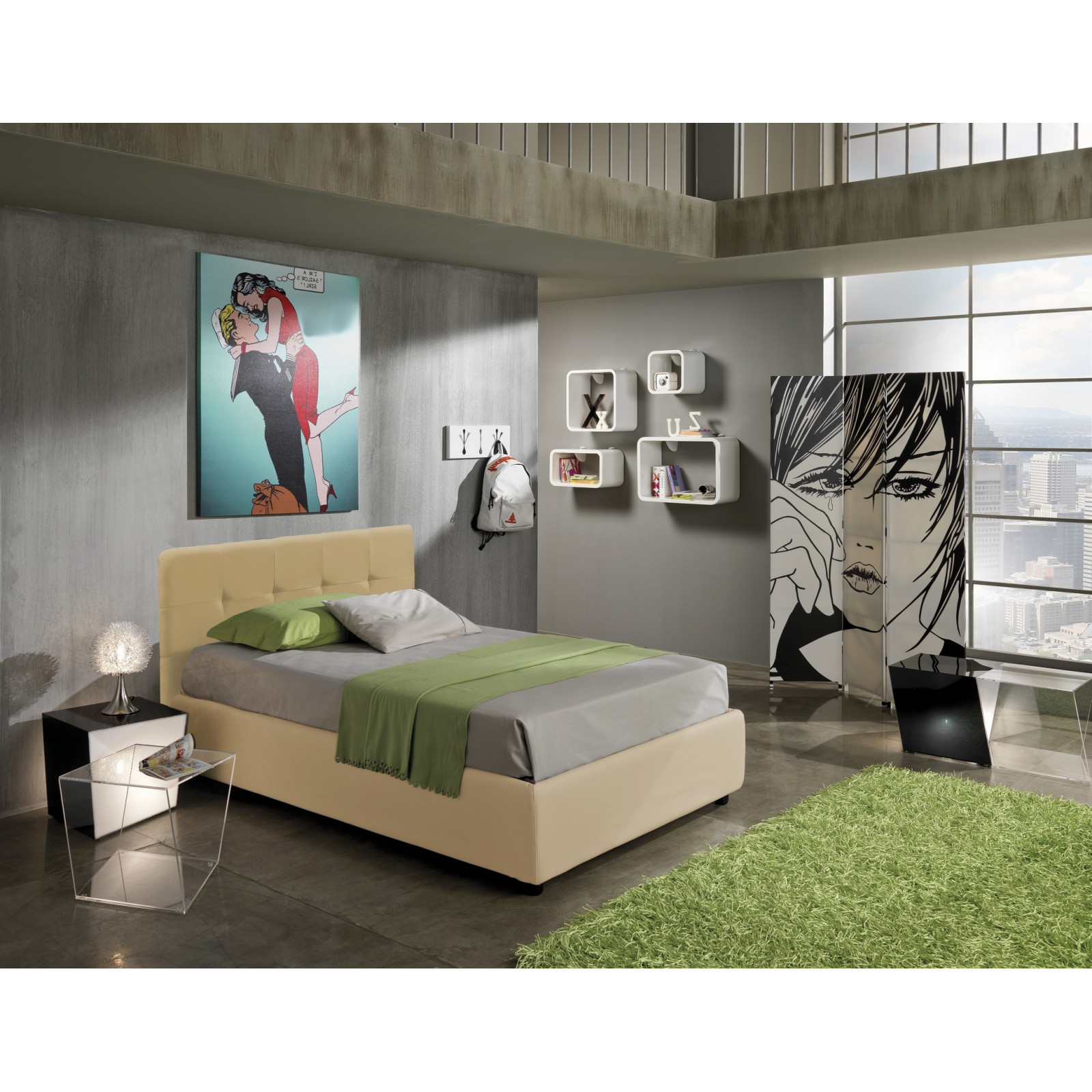 Letto Fisso 1 Piazza e Mezzo ANITA 120 pelle sintetica Beige rete cm. L.120 P.190