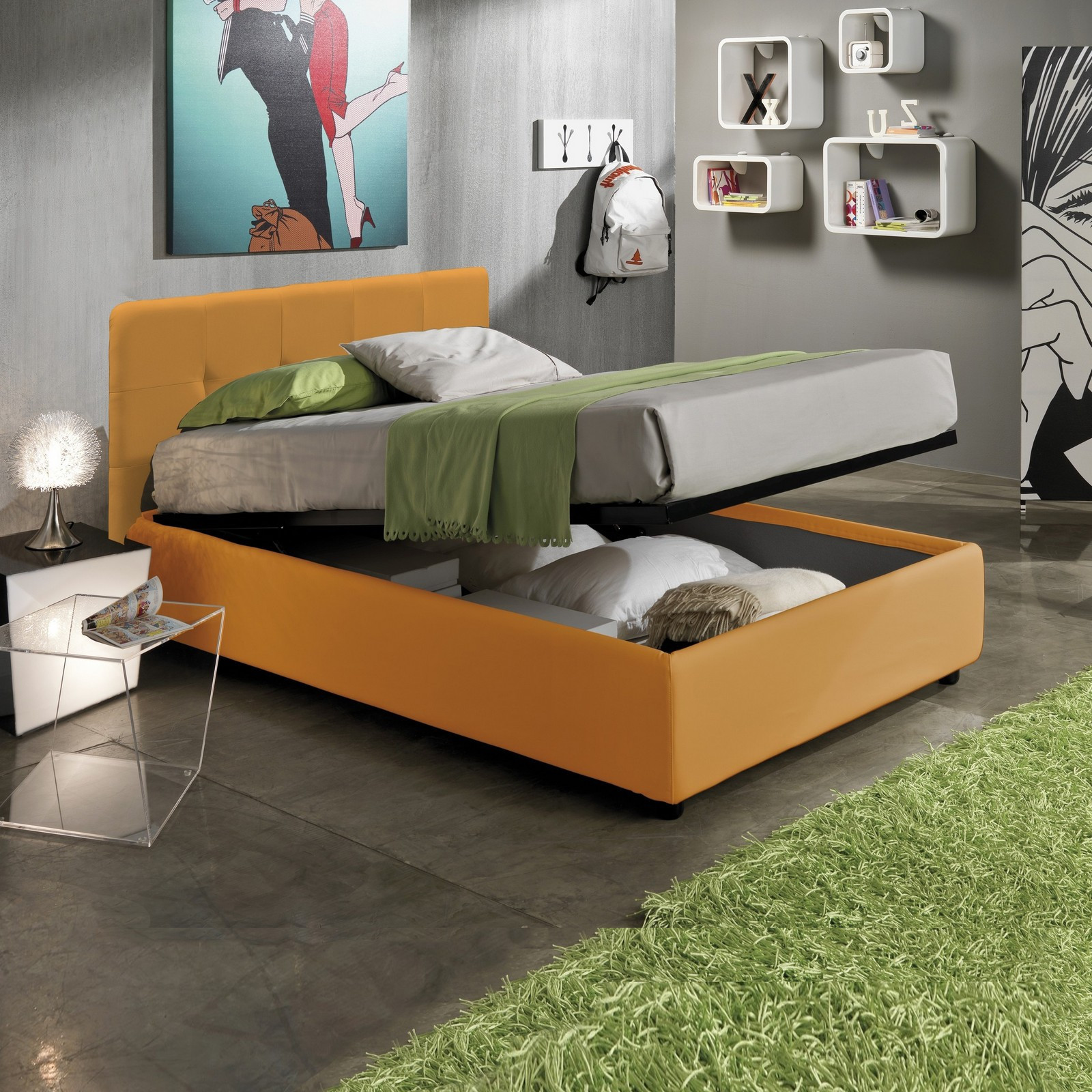 Letto Contenitore 1 Piazza e Mezzo ANITA 120 pelle sintetica Albicocca box contenitore rete cm. L.120 P.190