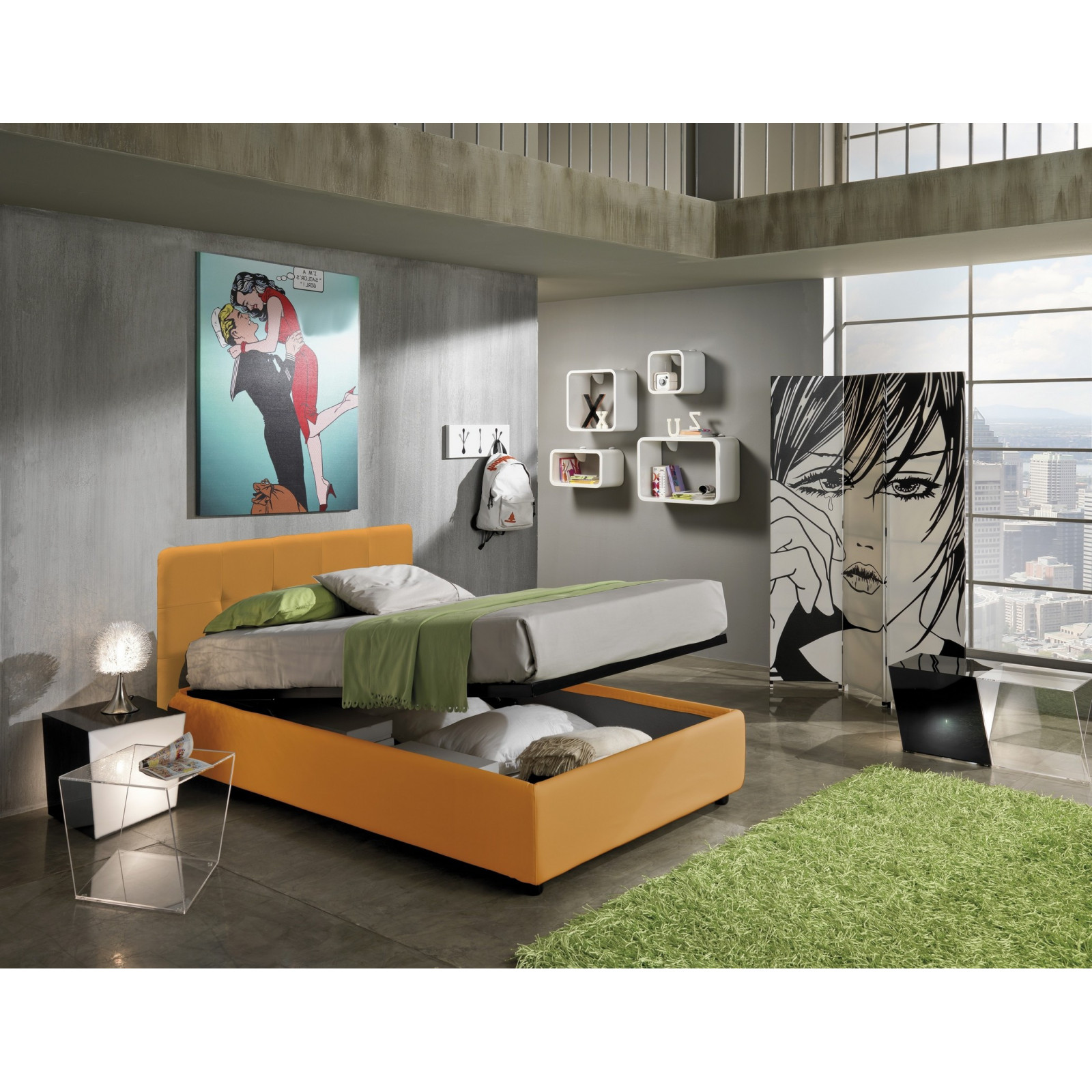Letto Contenitore 1 Piazza e Mezzo ANITA 120 pelle sintetica Albicocca box contenitore rete cm. L.120 P.190