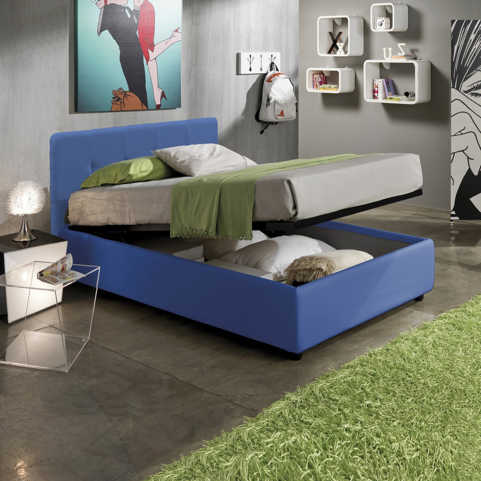 letto contenitore 1 piazza e mezzo ANITA 120 pelle sintetica Blu box c