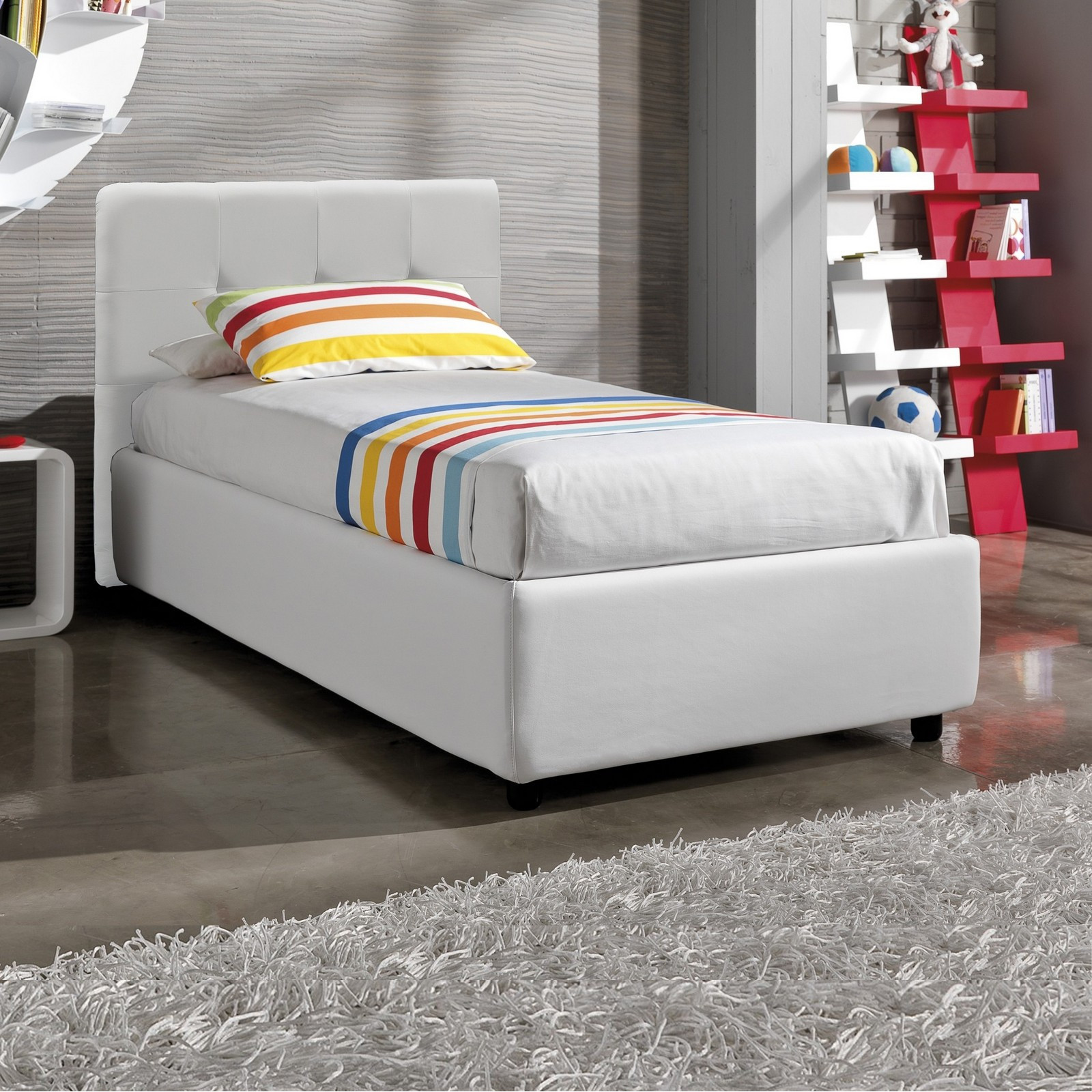Letto Fisso Singolo ANITA 90 pelle sintetica Bianca rete cm. L.90 P.190