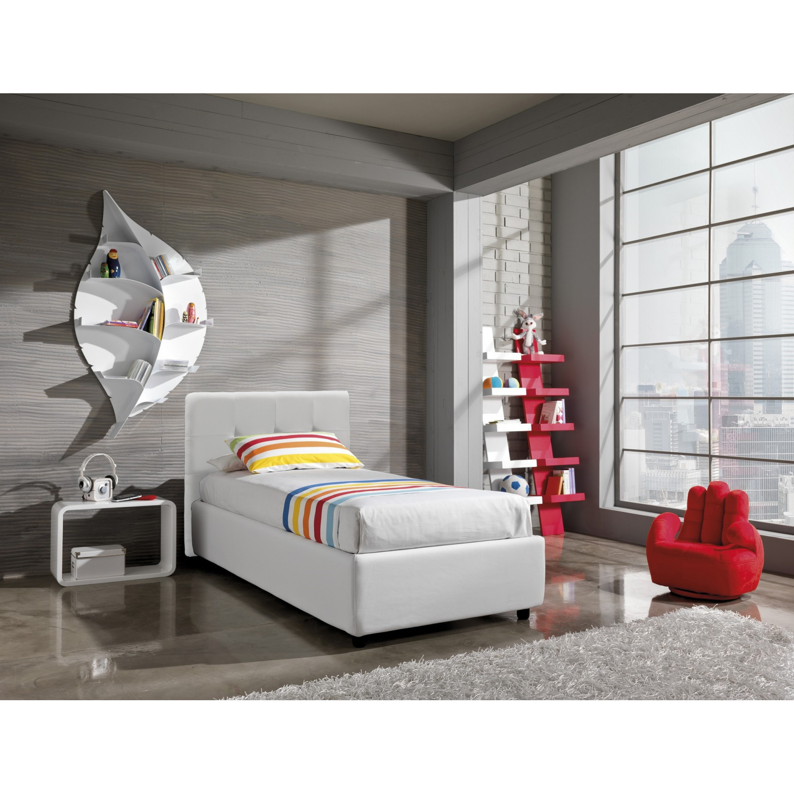 Letto Fisso Singolo ANITA 90 pelle sintetica Bianca rete cm. L.90 P.190