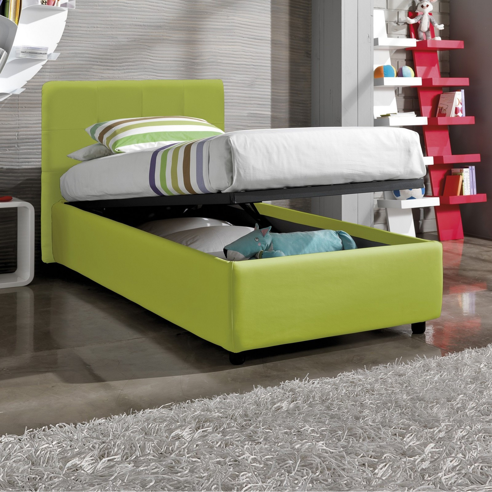 Letto Contenitore Singolo ANITA 90 pelle sintetica Verde box contenitore rete cm. L.90 P.190