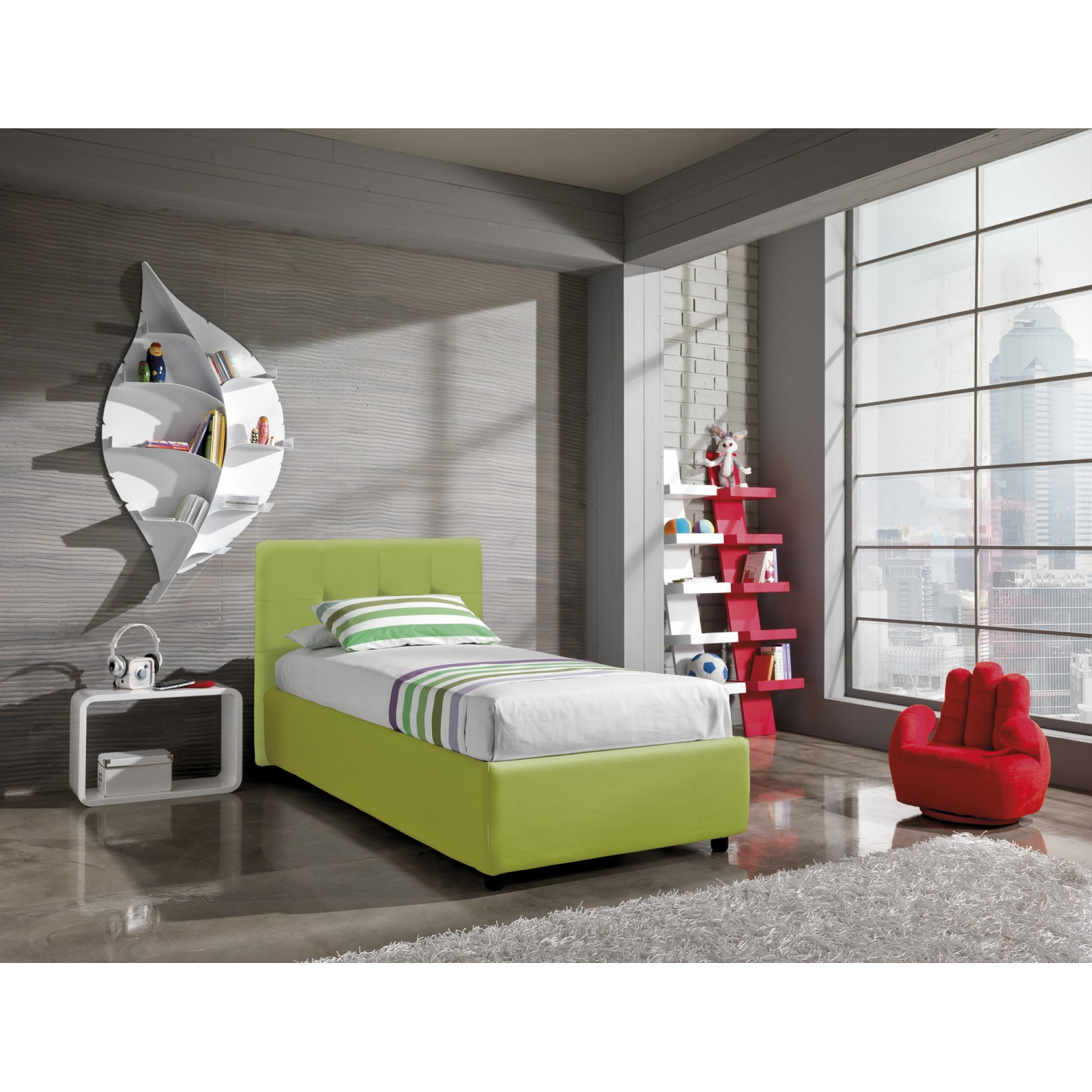 Letto Contenitore Singolo ANITA 90 pelle sintetica Verde box contenitore rete cm. L.90 P.190