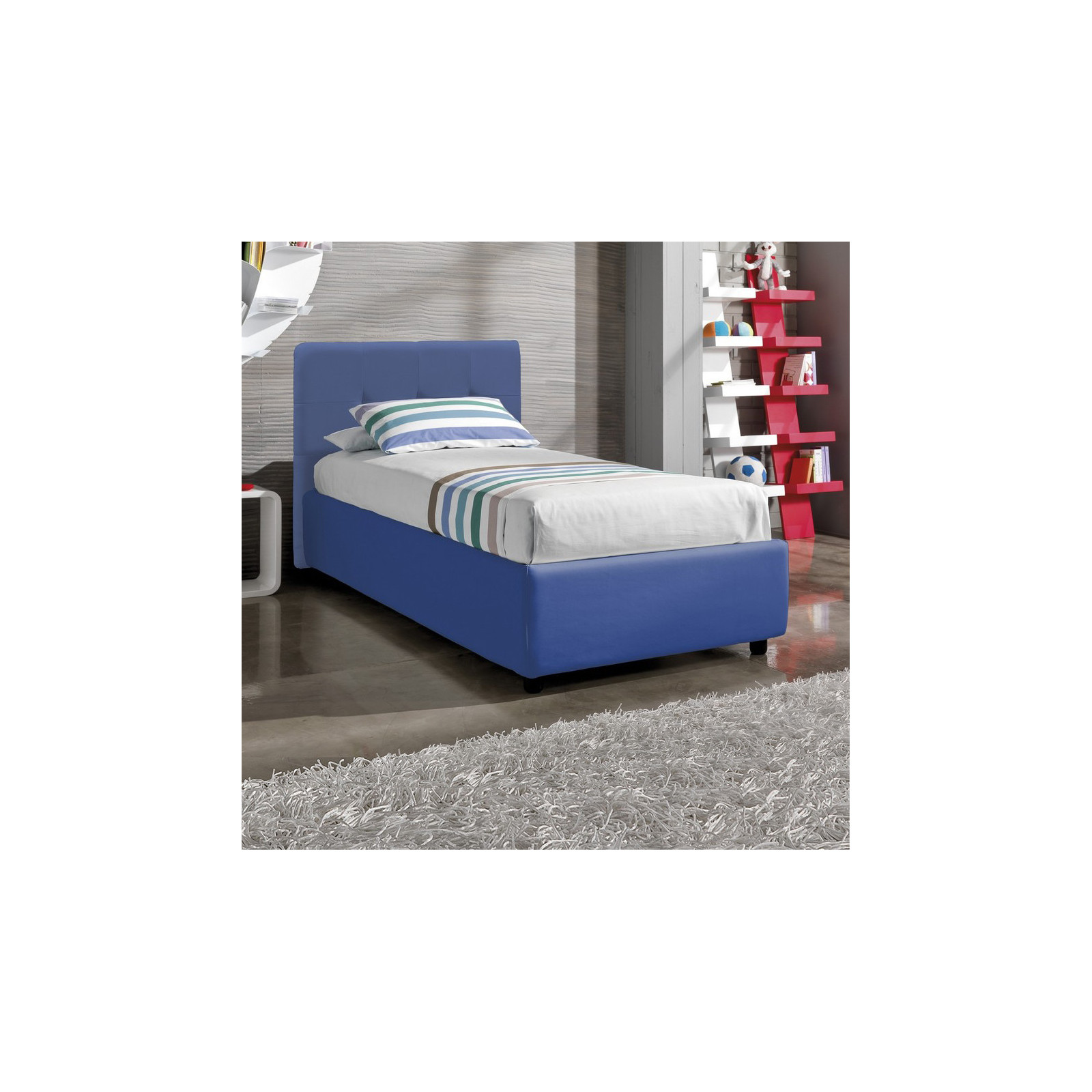 Letto Fisso Singolo ANITA 90 pelle sintetica Blu rete cm. L.90 P.190