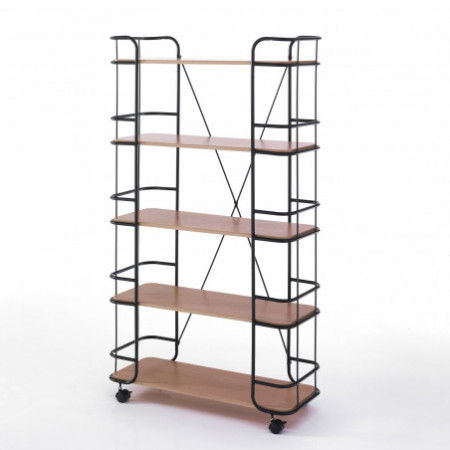 libreria alta con ruote MARK in metallo colore Nero opaco ripiani in PVC finitura Rovere  cm H147 L80 P30