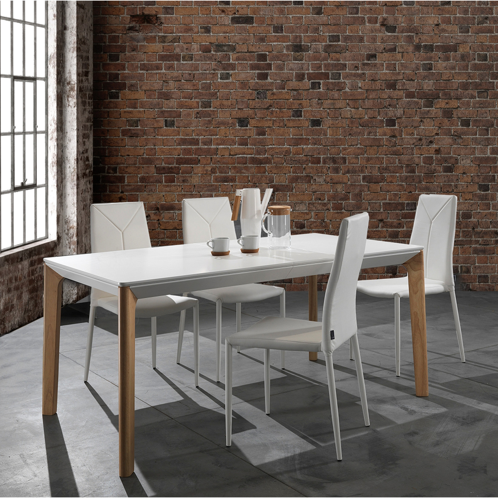 Tavolo Allungabile verniciato Margaret Top bianco opaco e gambe in legno massello tinte Rovere, 160-200-240 x 90 cm