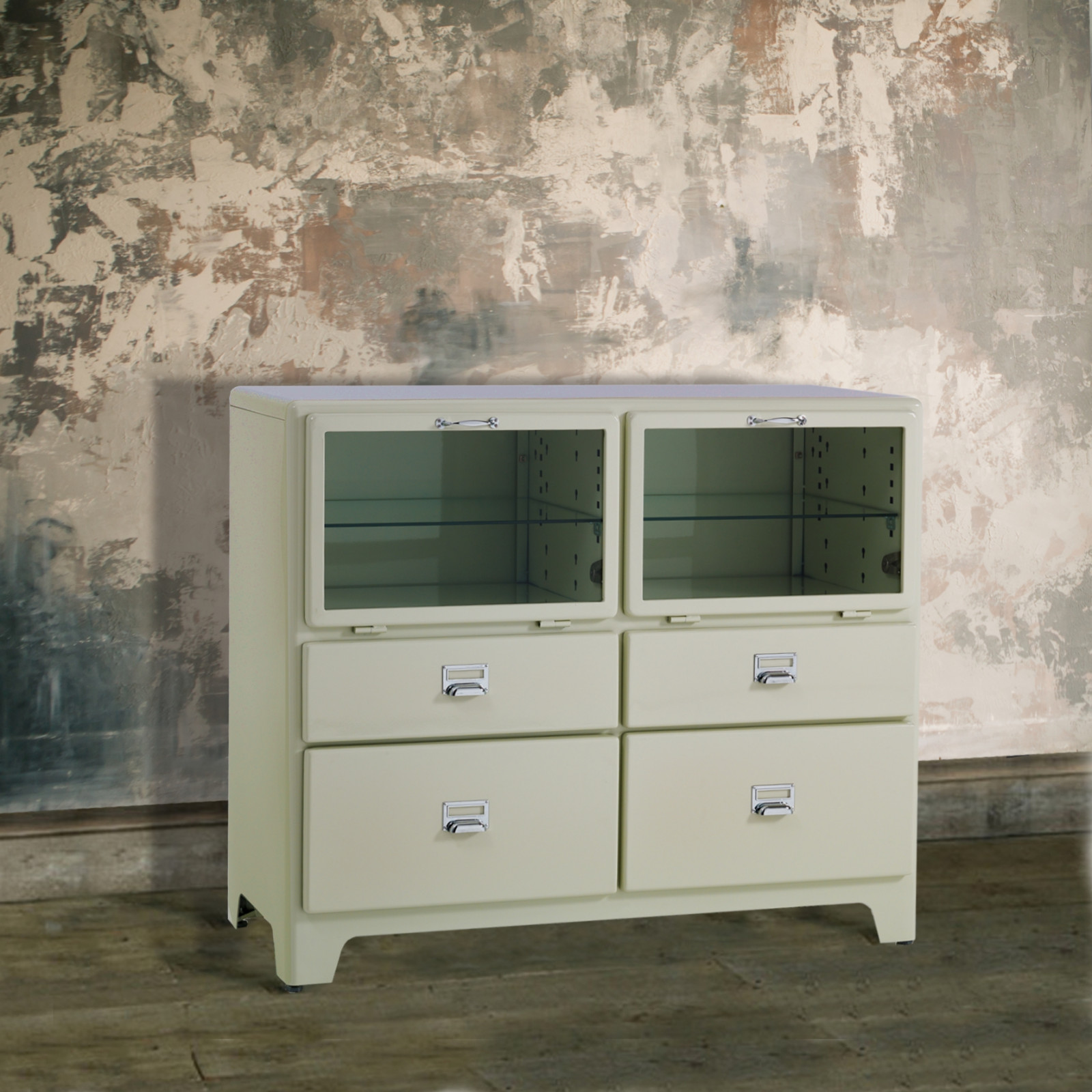 Mobile 2 Ante 4 Cassetti Mek White Produzione Dulton in Acciaio Laccato di colore Avorio Lucido, L120 P45 H97 cm