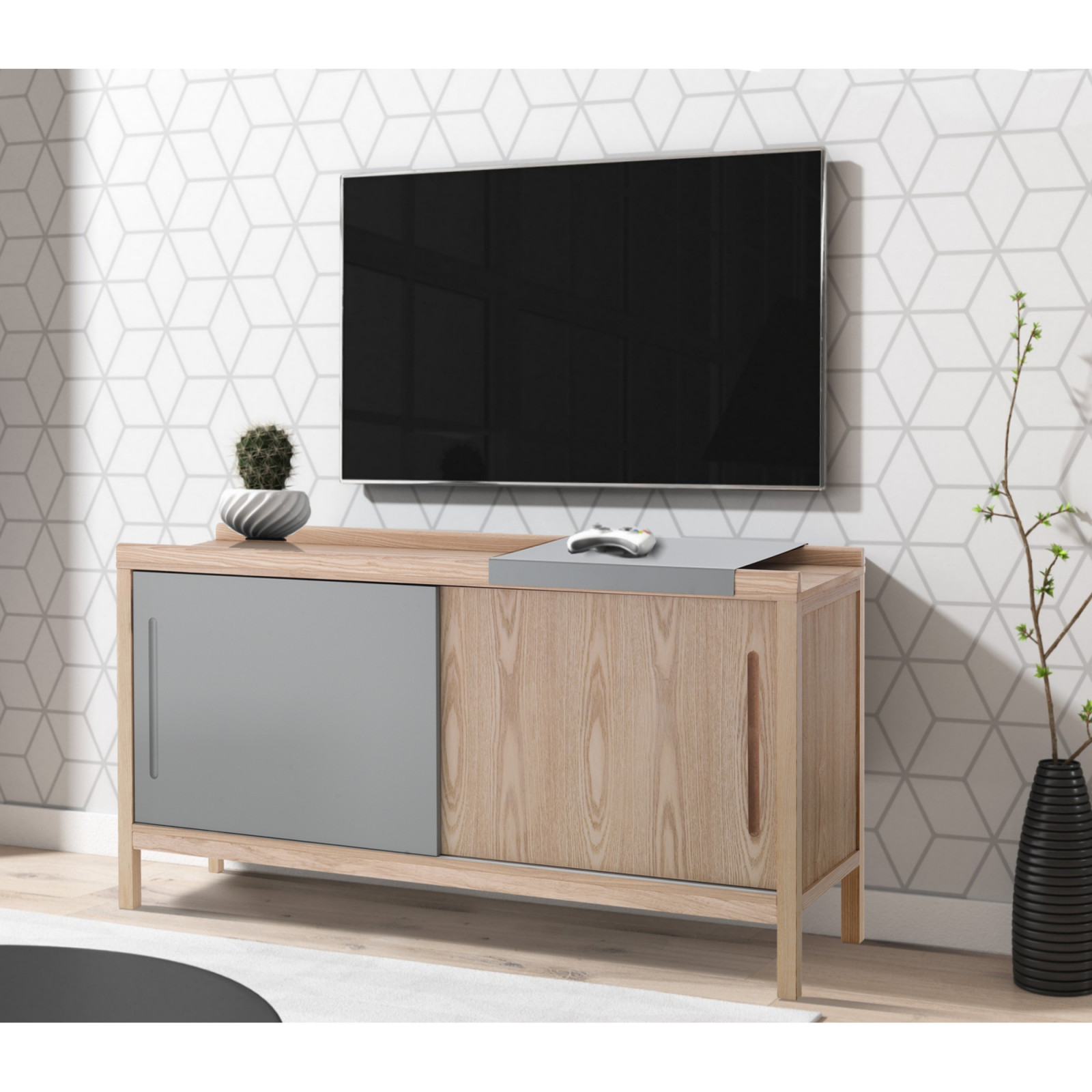 Credenza Moderna con 3 Ante Scorrevoli e Cassetti - Bianco Opaco