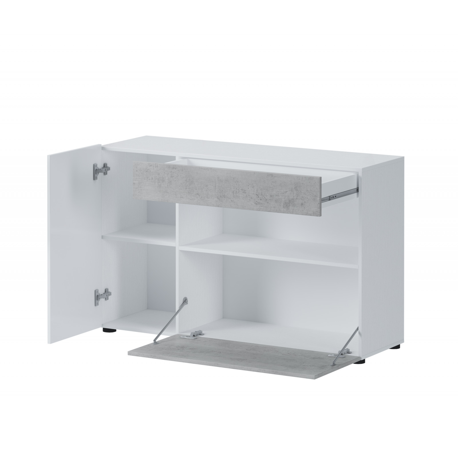 Mobile 2 Ante 1 Cassetto Parigi Bianco lucido e finitura Larice Bianco, 130x41xh81 cm