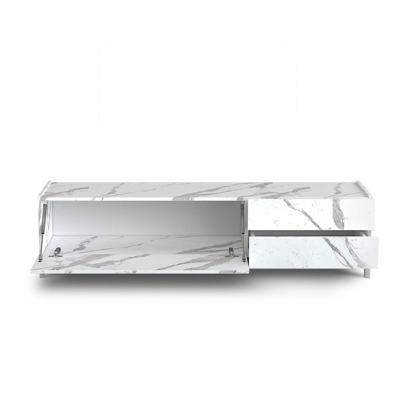 Porta Tv Milano White Marble 1 anta ribalta e 2 cassetti finitura Marmo Bianco opaco Calacatta, 160x40xh42 cm