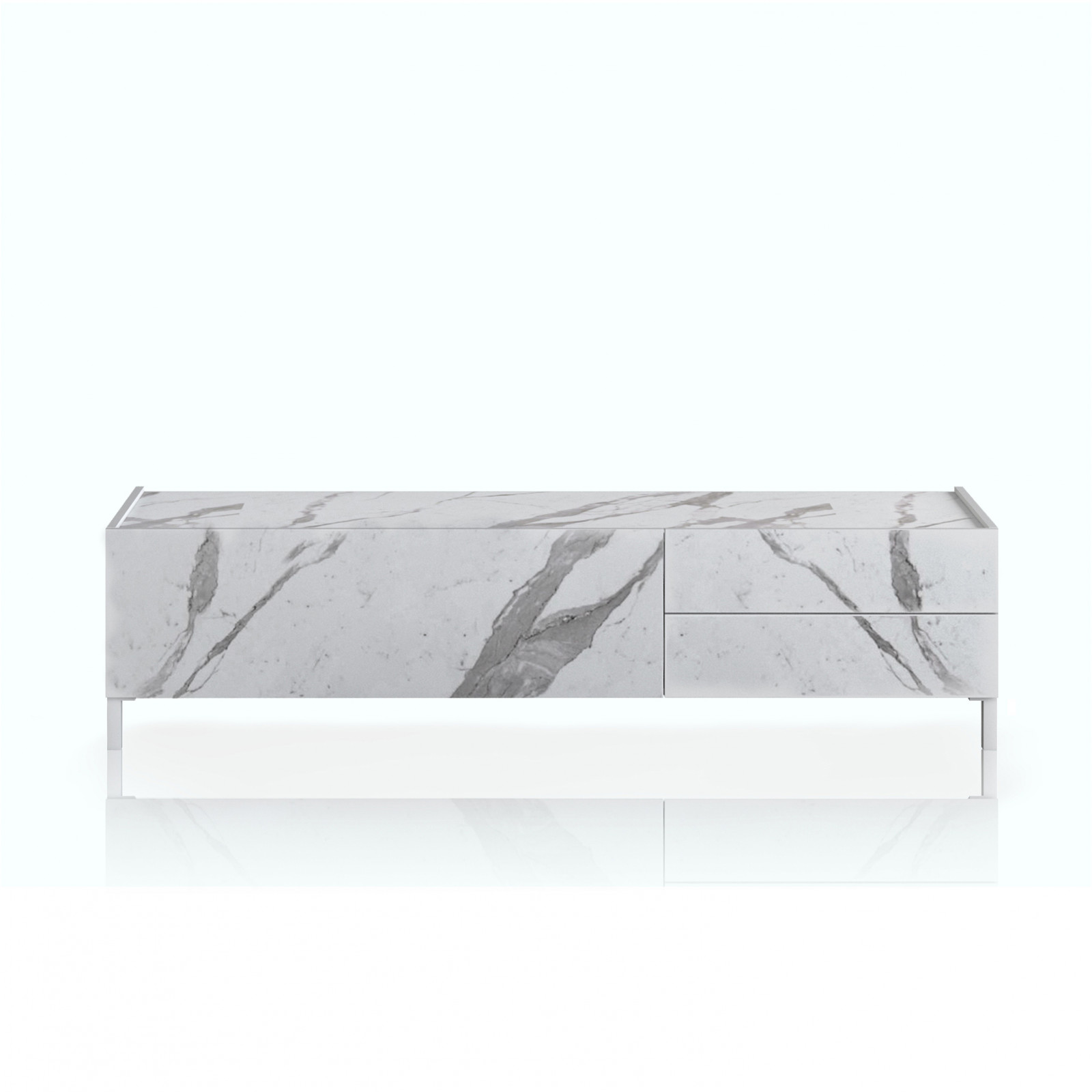 Porta Tv Milano White Marble 1 anta ribalta e 2 cassetti finitura Marmo Bianco opaco Calacatta, 160x40xh42 cm