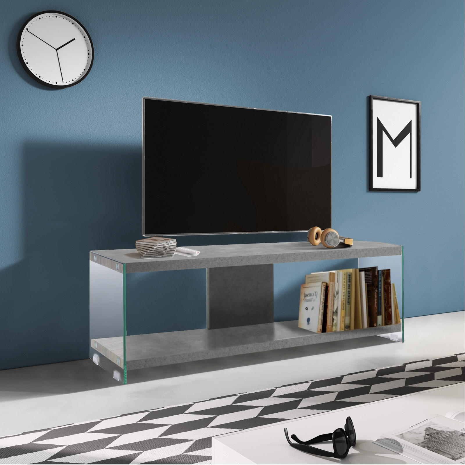 Porta TV Skandy Cement in Vetro Trasparente Ripiano e Top finitura Cemento, 120x29.5xh45 cm