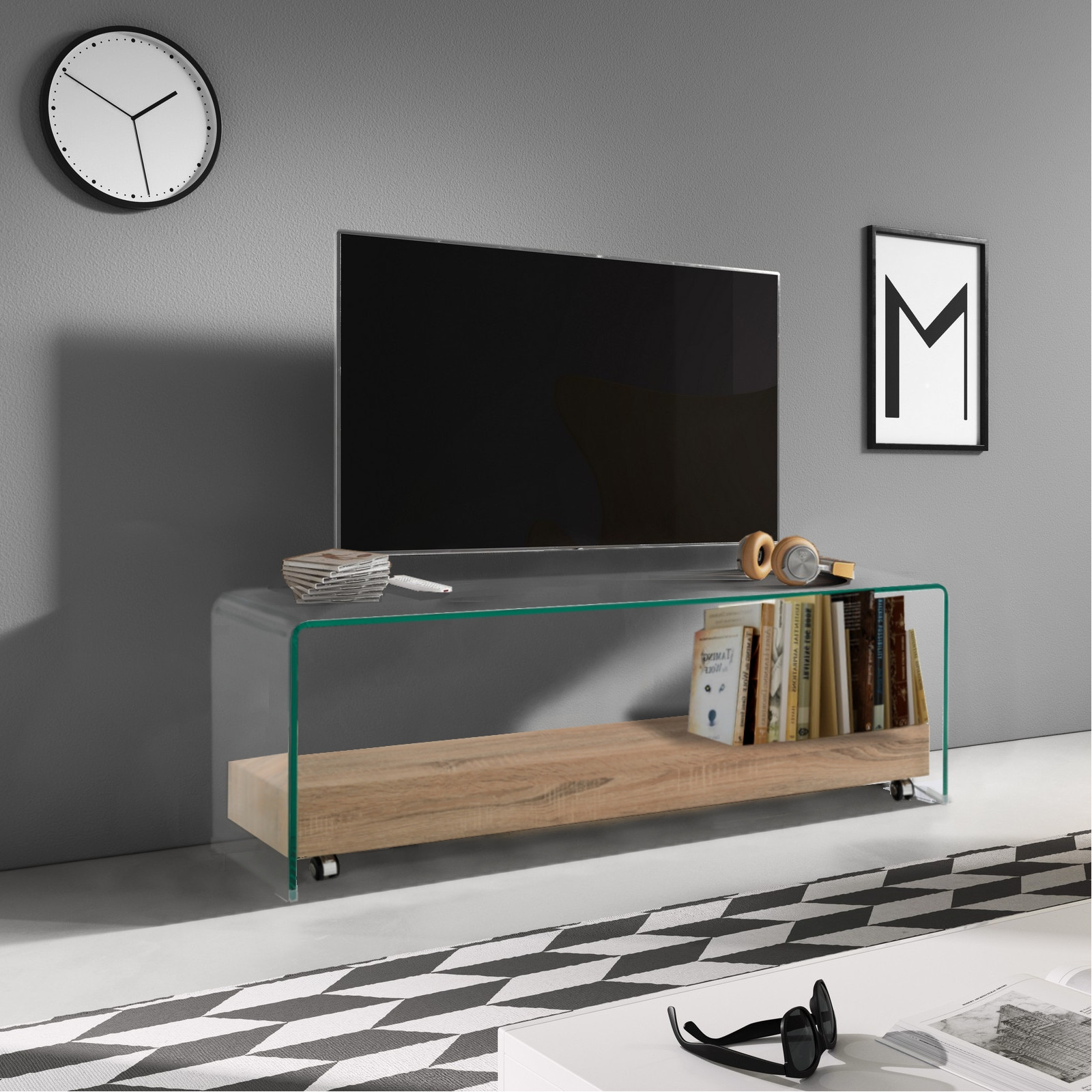 Porta TV Skandy in Vetro Curvato Ripiano con Ruote finitura Rovere, 13