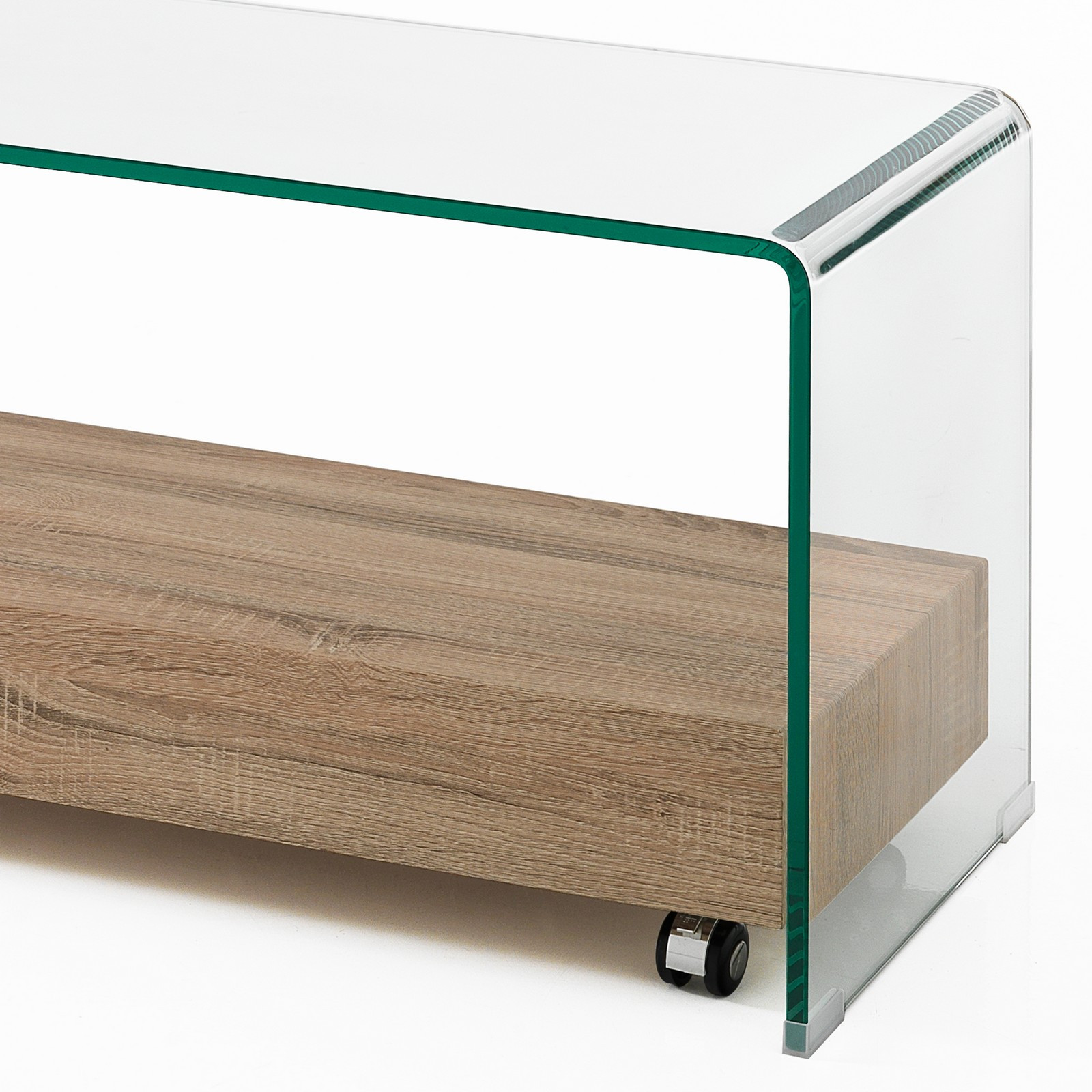 Porta TV Skandy in Vetro Curvato Ripiano con Ruote finitura Rovere, 130x40xh45 cm