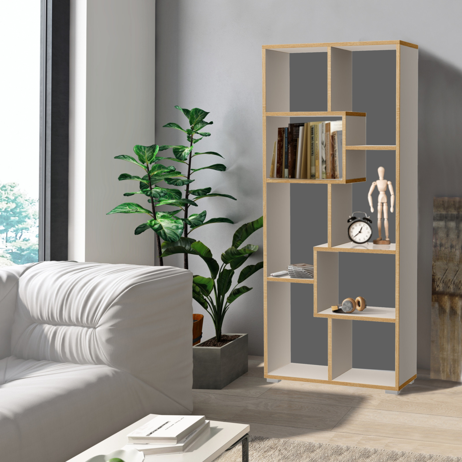 Libreria Sofia Bianca opaco con bordo in Rovere Reversibile, 69x27.5