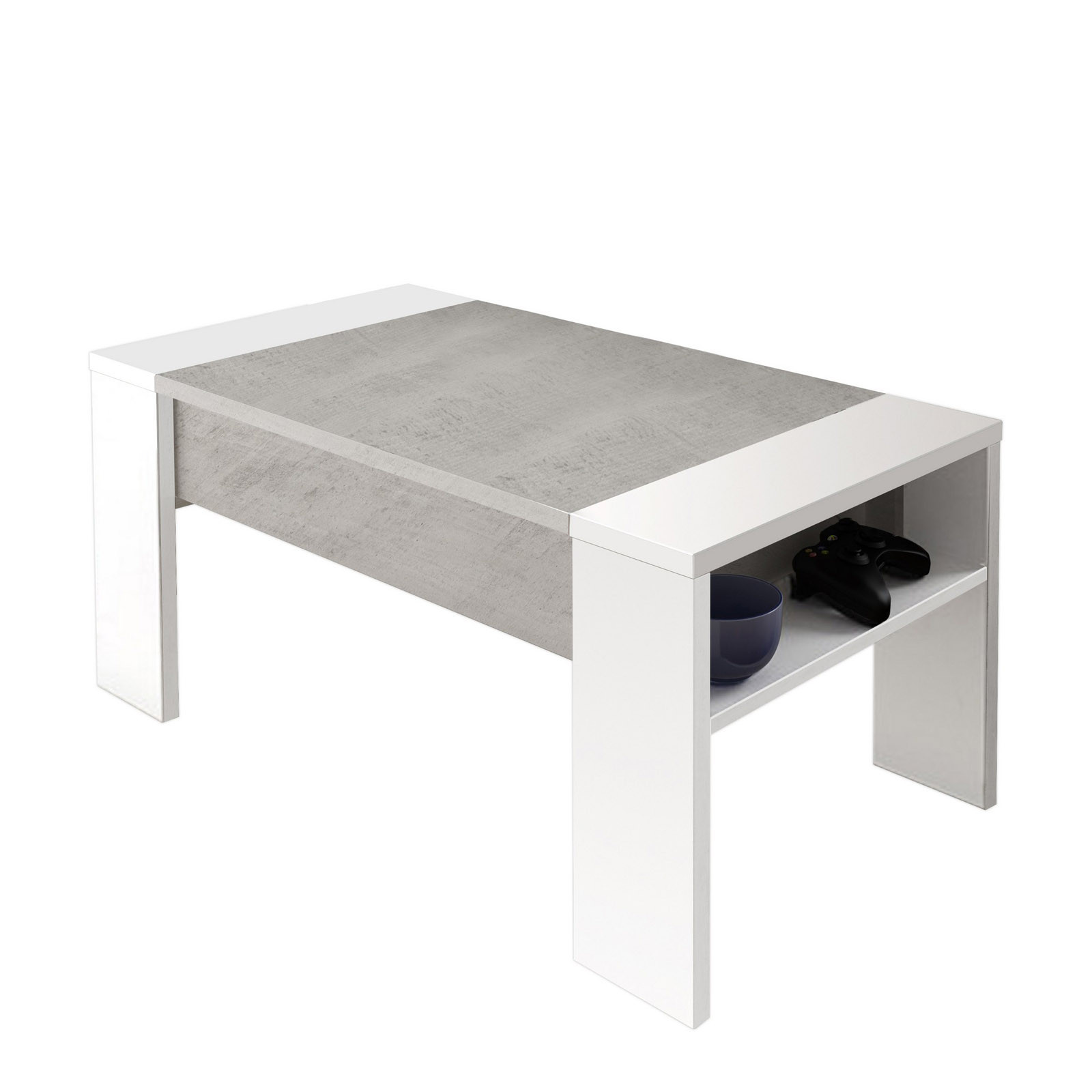 Tavolino Contenitore Kevin Cement Grigio Cemento e finitura Larice Bianco, 98.5x50xh42.5 cm