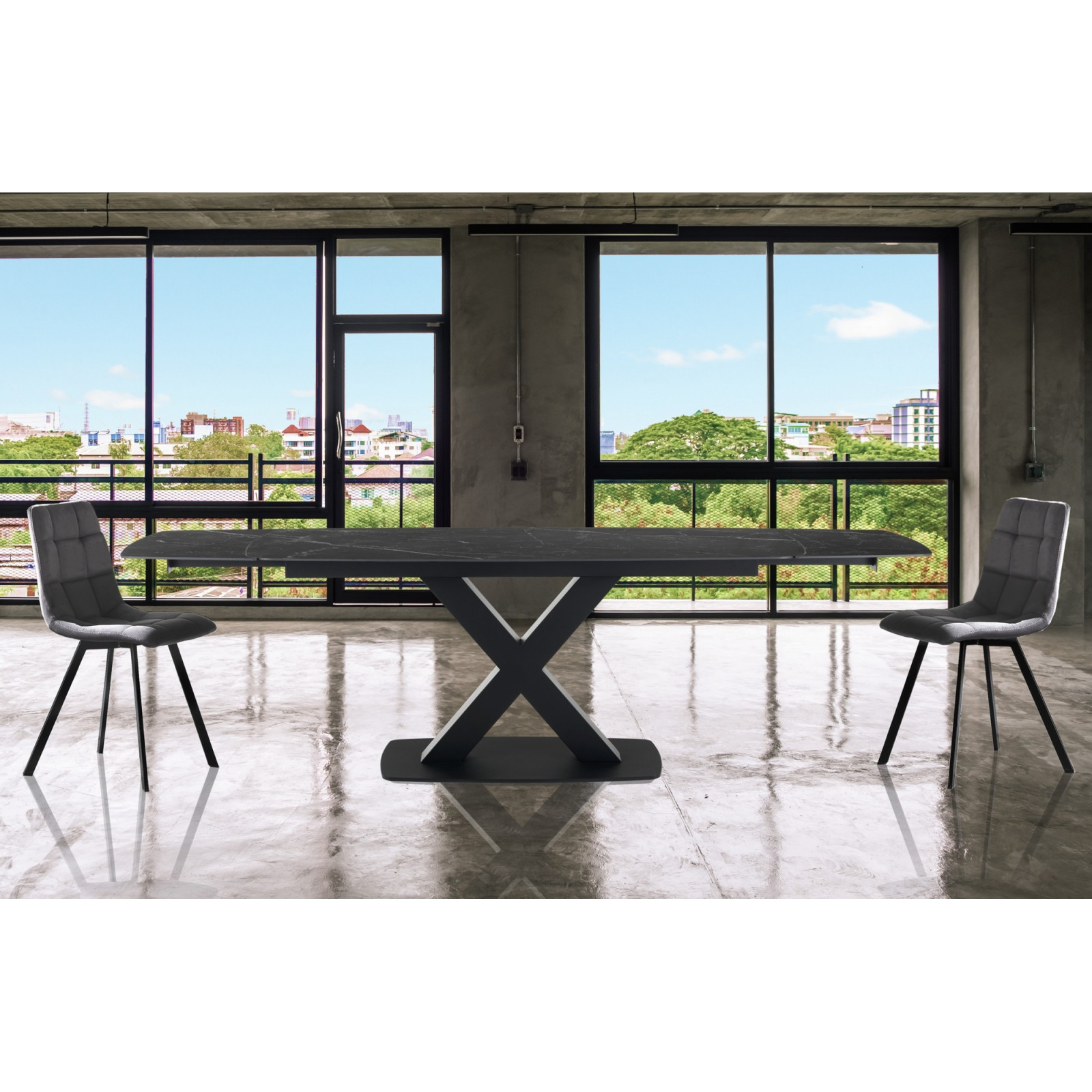 Tavolo allungabile STEFF BLACK MARBLE basamento Nero opaco piano in ceramica  finitura Marmo Nero opaco H.77 P.90 L.160/195/230 Tavolo allungabile STEFF BLACK MARBLE basamento Nero opaco piano in ceramica  finitura Marmo Nero opaco H.77 P.90 L.160/195/230