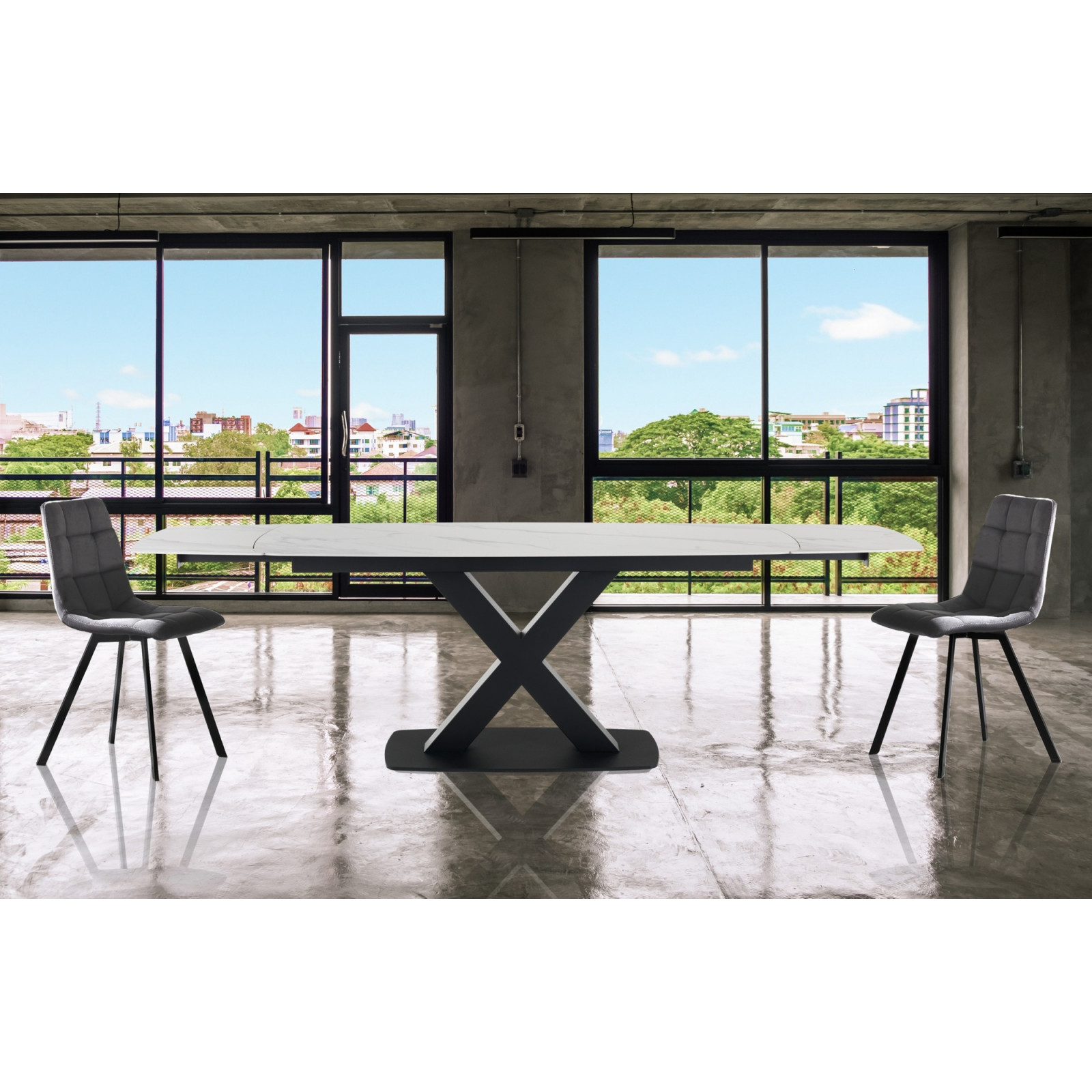 Tavolo allungabile STEFF WHITE MARBLE basamento Nero opaco piano in ceramica finitura Marmo Bianco opaco H.77 P.90 L.160/195/230