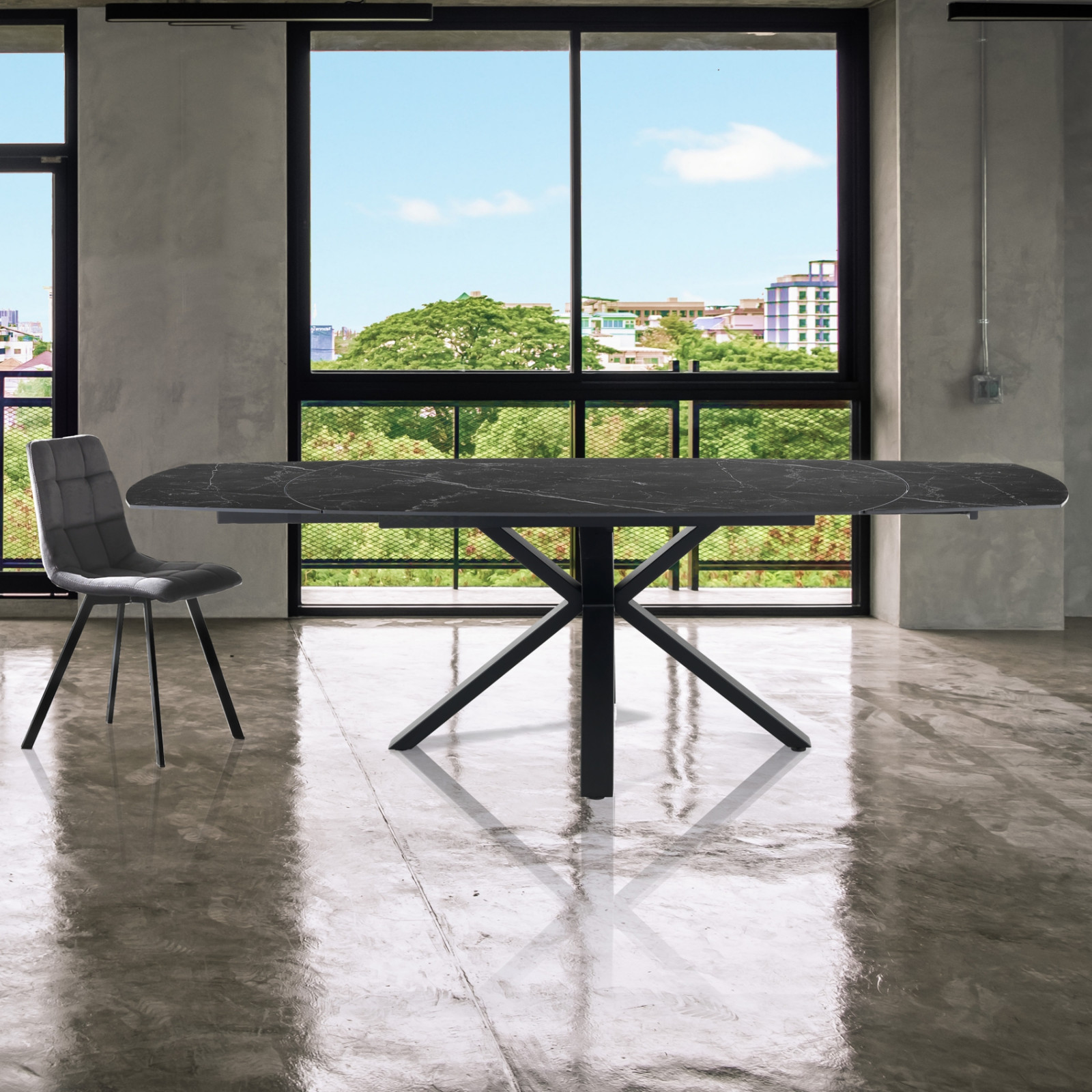 Tavolo allungabile MEGGY BLACK MARBLE basamento Nero opaco piano in ceramica finitura Marmo Nero opaco H.75 P.90 L.140/175/210