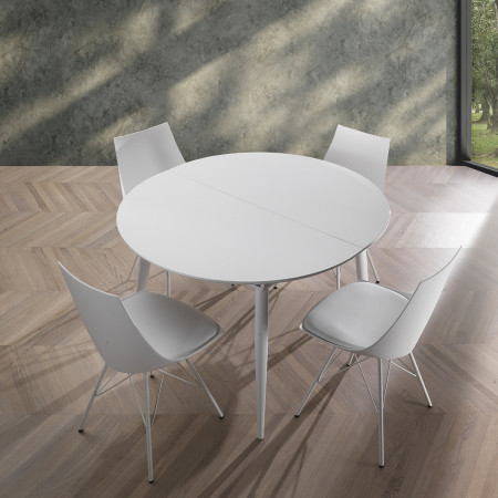 Tavolo Allungabile verniciato Ethan Round Top Bianco lucido e Gambe in metallo Bianco lucido, 120-160 x 110 cm
