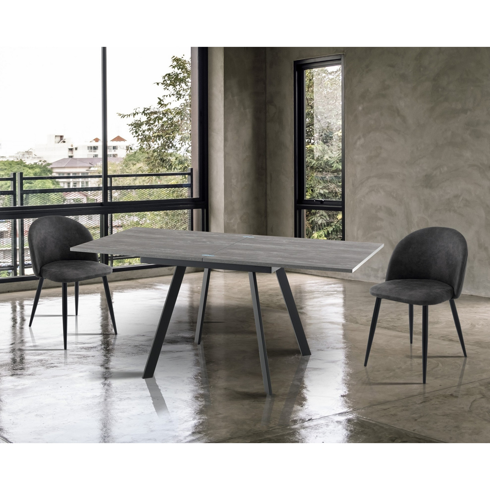 Tavolo Allungabile a libro JOSEPH CEMENT Top finitura Cemento e gambe in acciaio verniciato Nero opaco, 85-170 x 85 cm
